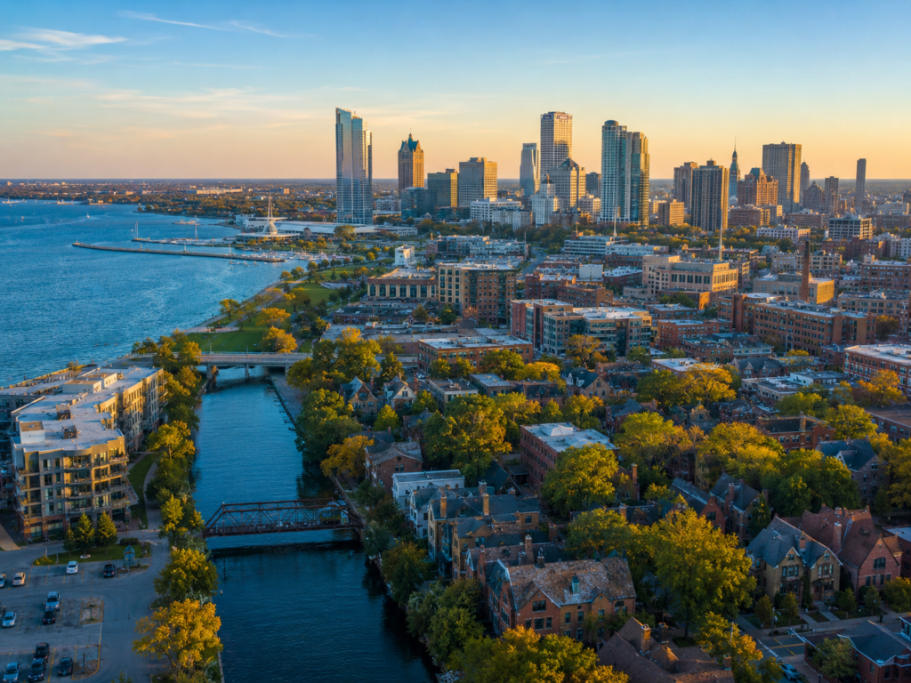 Lake-front view of Milwaukee, Wisconsin with residential and office properties along the Great Lakes