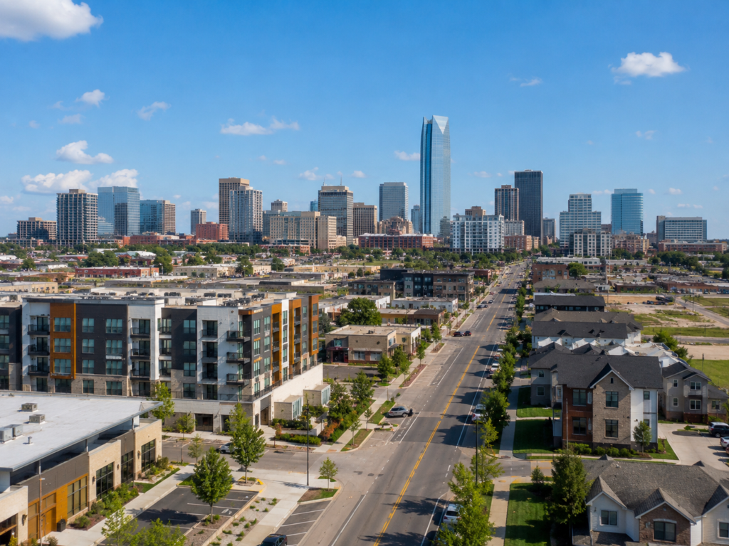 Highway in Oklahoma City with multifamily apartment buildings on one side and single family homes on the the other, with the business district in the background.