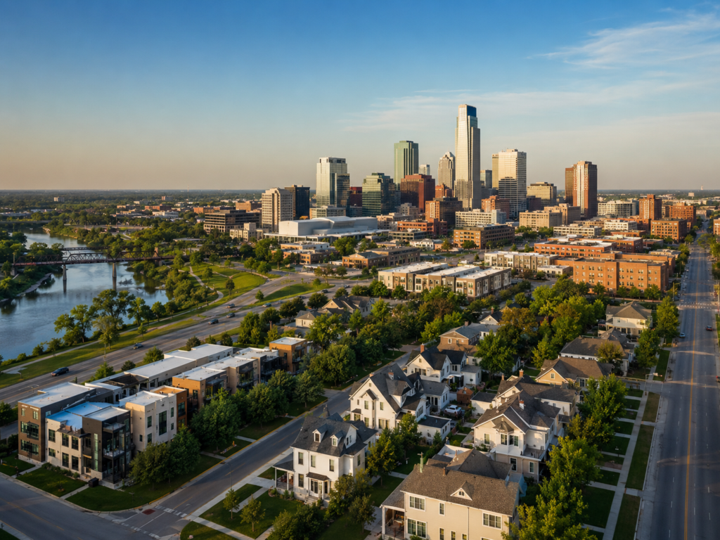 BRRRR investment opportunities in Omaha illustrated with a residential neighborhood in the foreground and the Central Business District in the distance.