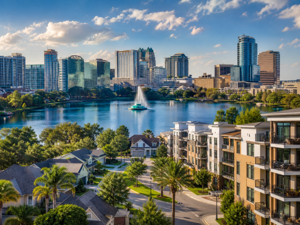 Central lake and fountain in the middle of Orlando Florida