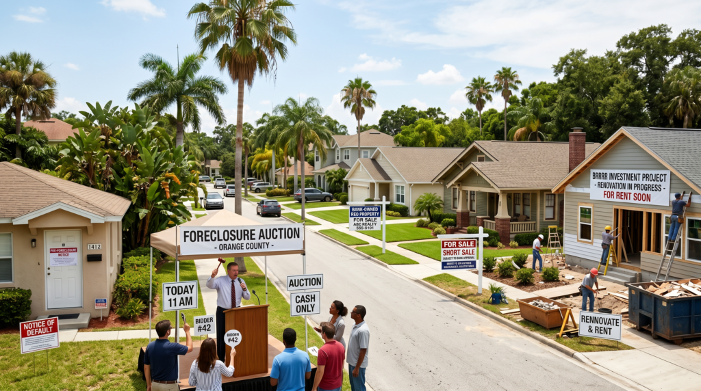 A photorealistic image of the Orlando real estate market, featuring sunny Florida neighborhoods with palm trees and diverse home styles. The scene integrates multiple investment strategies: a suburban house with a legal notice for pre-foreclosure, a podium with a gavel representing foreclosure auctions, an empty but well-maintained bank-owned REO property, a house with a clear short sale sign, and a BRRRR rental undergoing visible renovations and landscaping. The composition captures the vibrant atmosphere of Central Florida, emphasizing clear signage and active property transformations under warm, bright sunlight.