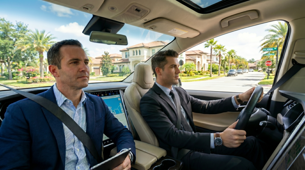Two men in professional business casual attire sit inside a modern luxury vehicle as they navigate a sun-drenched Orlando neighborhood. The driver stays focused on the road while his partner points toward a series of contemporary suburban houses and palm-lined streets. Bright midday light illuminates the scene, highlighting the lush Florida greenery and Mediterranean-inspired architecture visible through the car's windows as they survey the area.