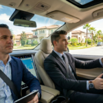 Two men in professional business casual attire sit inside a modern luxury vehicle as they navigate a sun-drenched Orlando neighborhood. The driver stays focused on the road while his partner points toward a series of contemporary suburban houses and palm-lined streets. Bright midday light illuminates the scene, highlighting the lush Florida greenery and Mediterranean-inspired architecture visible through the car's windows as they survey the area.
