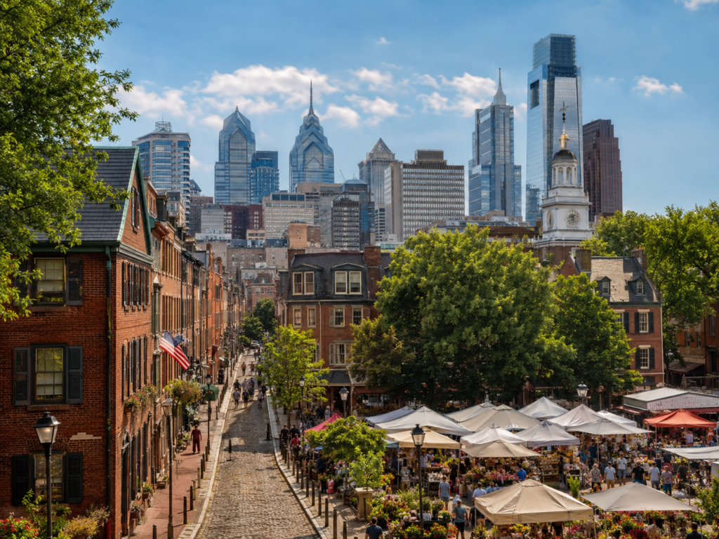 Street fair in Philadelphia with multifamily homes and a narrow cobblestone street with the business district in the background.