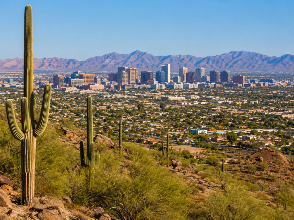 The Phoenix business district as seen from one of the many peaks surrounding the urban area with saguaro cactus and mountains in the background.