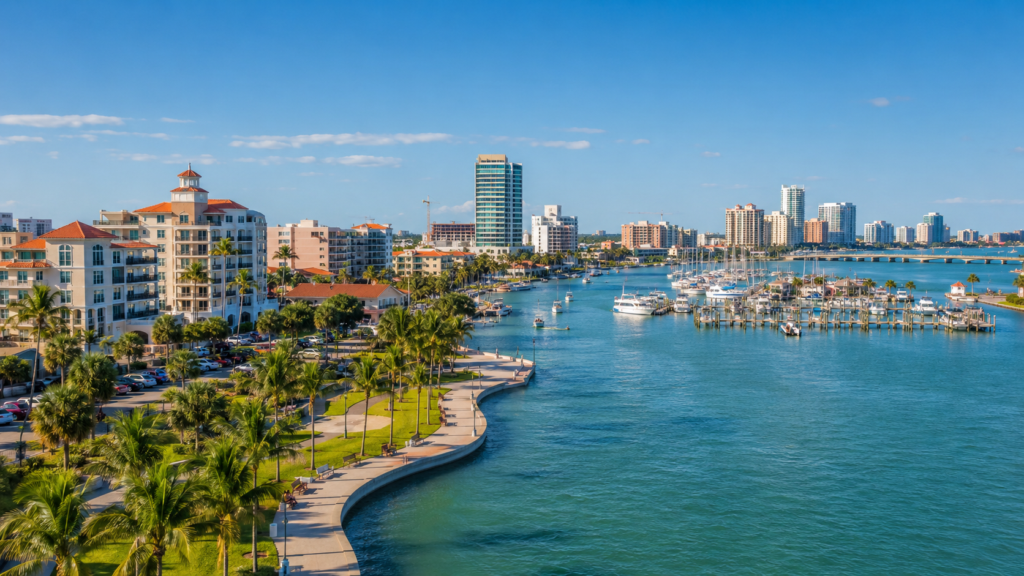 Pinellas County waterfront with marina, palm-lined promenade, coastal condos, and blue bay views on a sunny day.