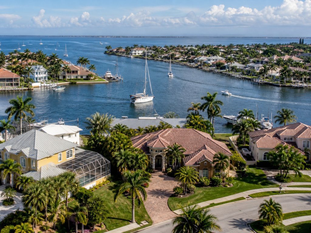 View of the bay in Punta Gorda with sailboats and ocean-front homes.