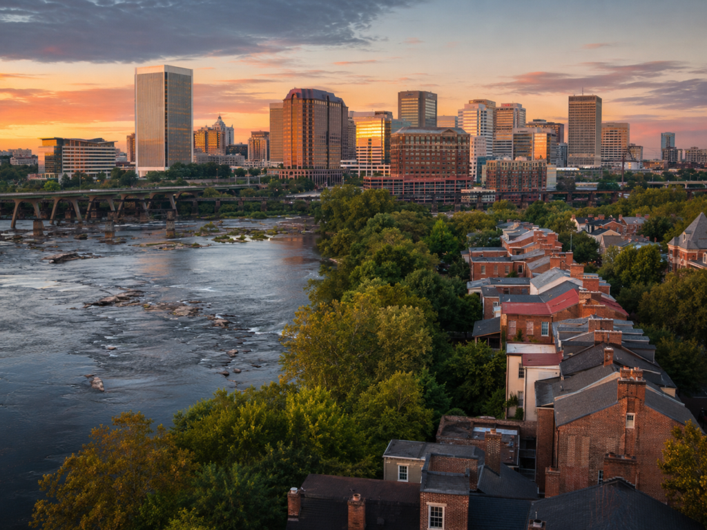 Recently flipped multi-unit homes in Richmond along the shoreline with the central business district in the background at sunrise.