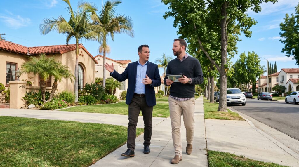 Two professional male real estate investors in smart casual attire walking along a residential street in Riverside, California. The scene features characteristic suburban architecture such as stucco homes with tile roofs, manicured lawns, and tall palm trees under a clear, bright sky. The men are engaged in serious conversation, gesturing toward the surrounding properties, with natural sunlight casting soft shadows across the sidewalk.