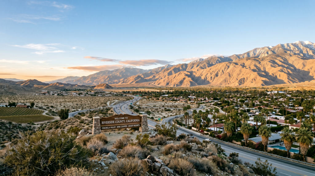 A scenic view of the Riverside–San Bernardino skyline nestled against the backdrop of the rugged, snow-capped San Bernardino Mountains. The landscape features a blend of modern and historic architecture, with vibrant palm trees and lush Mediterranean greenery lining the streets. Warm, golden hour sunlight casts a soft amber glow over the valley, highlighting the textures of the urban structures and the surrounding arid hills with cinematic lighting and clear atmospheric depth.