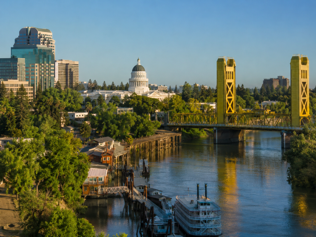 River front view of Sacramento with the capitol building in the background.