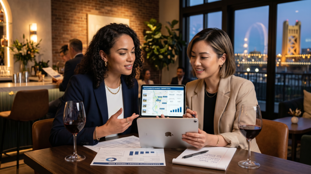 Two successful Gen Z female real estate investors in stylish professional attire, engaged in a focused discussion over glasses of wine. Their expressions are confident and collaborative as they review documents and a digital tablet showing Sacramento market data. The setting is a modern, sophisticated interior with warm, ambient lighting that emphasizes a successful and professional atmosphere.