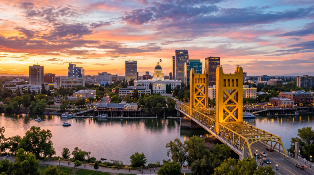 A vibrant urban landscape of Sacramento, California, featuring the distinctive architecture of the downtown skyline and the iconic gold-toned Tower Bridge spanning the Sacramento River. The scene is illuminated by the warm, directional glow of late afternoon sun, creating long shadows and shimmering reflections on the water's surface, while enhancing the textures of the city buildings and the surrounding leafy trees.