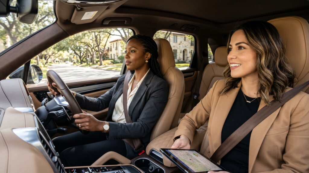Two Millennial women in San Antonio with a polished, professional aesthetic, seated in the leather-clad interior of a modern luxury vehicle. The lighting is bright and natural, reflecting the sun-drenched, tree-lined streets of an upscale neighborhood visible through the windows. One woman is focused on driving while the other observes the surrounding architecture with keen interest. The scene emphasizes sophisticated business-casual attire and the high-end textures of the car's cabin, capturing a mood of focused ambition and real estate scouting.