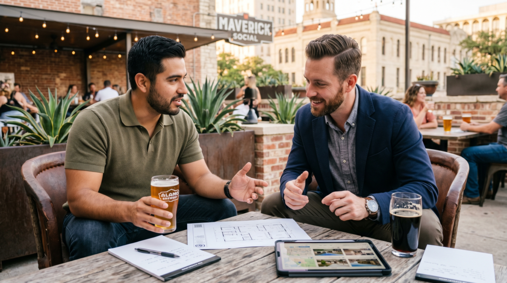 Two millennial male real estate investors in casual professional attire, engaged in an earnest discussion over glasses of beer. The setting reflects a modern San Antonio lounge or outdoor patio with warm, natural lighting. Their expressions are focused and collaborative as they gesture during their conversation, maintaining the original composition while enhancing the textures of their clothing and the relaxed, professional atmosphere of the scene.