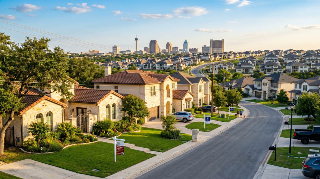 Transform the scene into a photorealistic San Antonio residential landscape featuring traditional limestone homes and modern suburban developments. Integrate 'For Sale' signs on manicured lawns to illustrate the active housing market. Use warm, natural sunlight to highlight the neighborhood's expansion, keeping the city's characteristic architectural style and a hint of the skyline in the background.