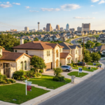 Transform the scene into a photorealistic San Antonio residential landscape featuring traditional limestone homes and modern suburban developments. Integrate 'For Sale' signs on manicured lawns to illustrate the active housing market. Use warm, natural sunlight to highlight the neighborhood's expansion, keeping the city's characteristic architectural style and a hint of the skyline in the background.