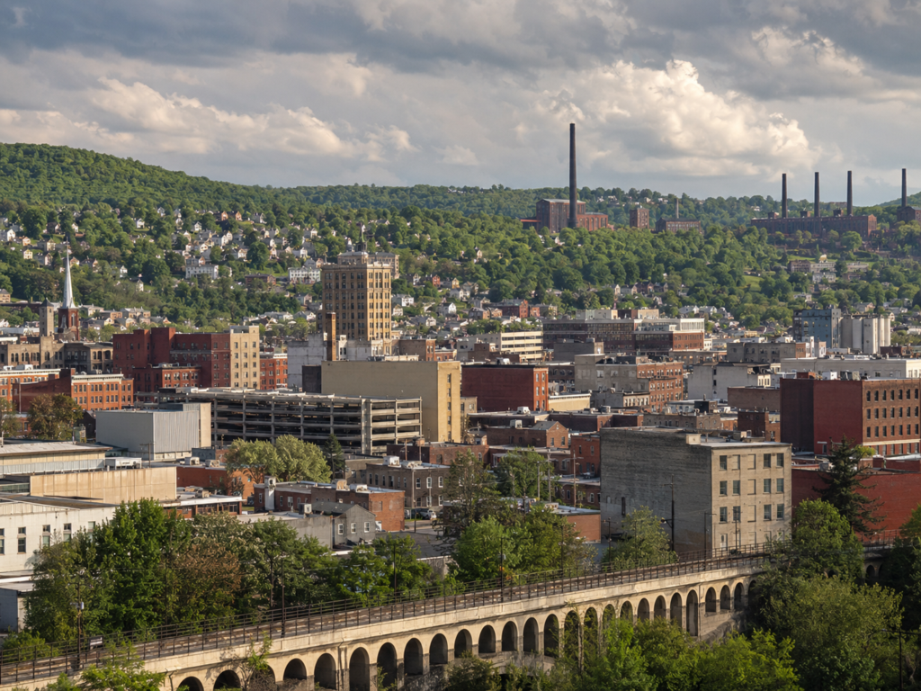 View of the hills around Scranton with older factories in the background ready to be flipped into multifamily apartments and lofts