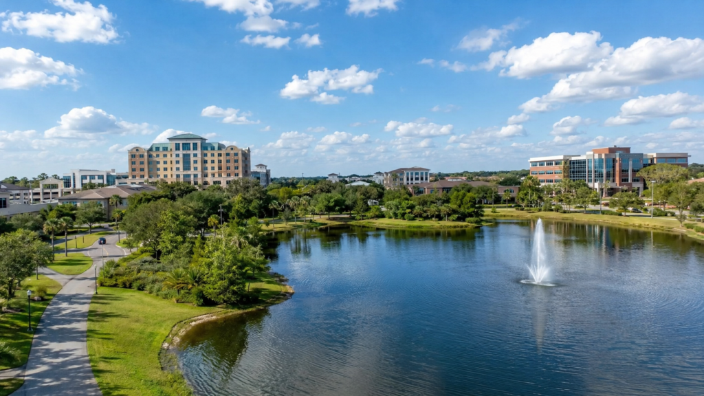 Seminole County lakeside business district with office buildings, green landscaping, walking paths, and a fountain.