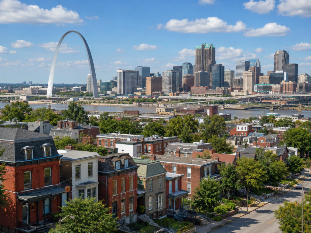 Residential and business district in St. Louis with a view of the arch and the river.