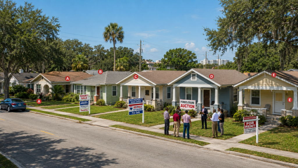 Tampa-St. Petersburg foreclosure investing strategies shown across a residential street with short sale, REO, auction, and rental property opportunities.