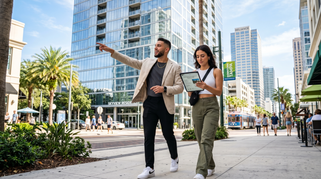 A stylish Gen Z male real estate investor and his girlfriend walking through the sun-drenched streets of downtown Tampa. The man, dressed in contemporary smart-casual attire, points toward a modern glass high-rise building while his girlfriend observes a digital tablet showing property details. The surrounding urban landscape features palm-lined sidewalks, sleek coastal architecture, and the bright, clear light of a Florida afternoon reflecting off the glass facades of nearby skyscrapers.