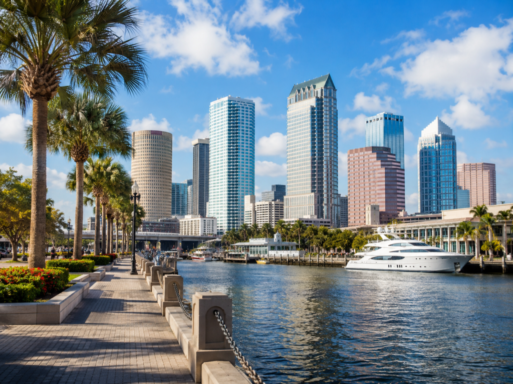 River walk in Tampa with yachts docked and office buildings in the background on a sunny spring day.