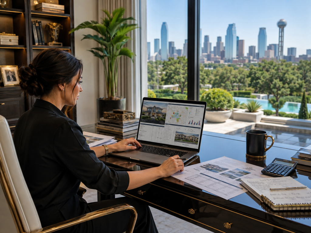 A female real estate investor in Dallas reviewing pre-foreclosure listings, mortgage delinquency data, property records, and neighborhood comps in the home office of her mansion.
