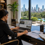 A female real estate investor in Dallas reviewing pre-foreclosure listings, mortgage delinquency data, property records, and neighborhood comps in the home office of her mansion.