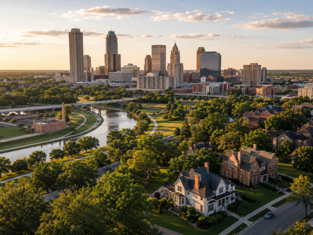 View of Downtown Tulsa with office buildings and large single family homes along the river at sunset.