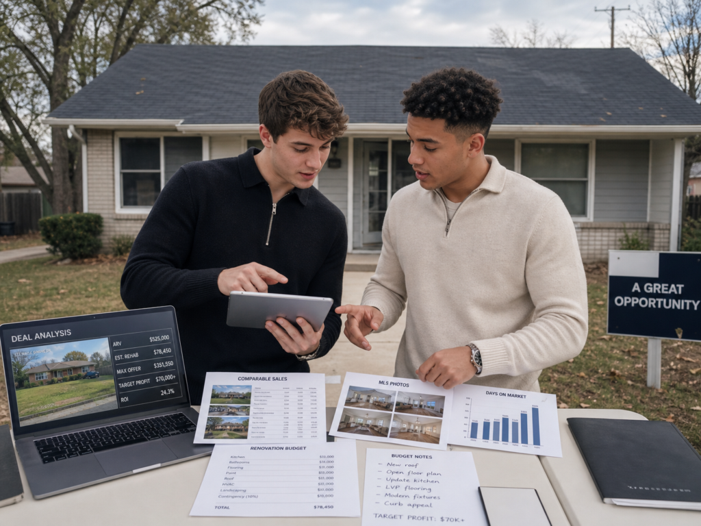 Two Gen Z house flippers standing in front of a single-family home and discussing analyzing ARV with comparable sales, MLS photos, days on market, and renovation cost estimates.