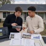 Two Gen Z house flippers standing in front of a single-family home and discussing analyzing ARV with comparable sales, MLS photos, days on market, and renovation cost estimates.