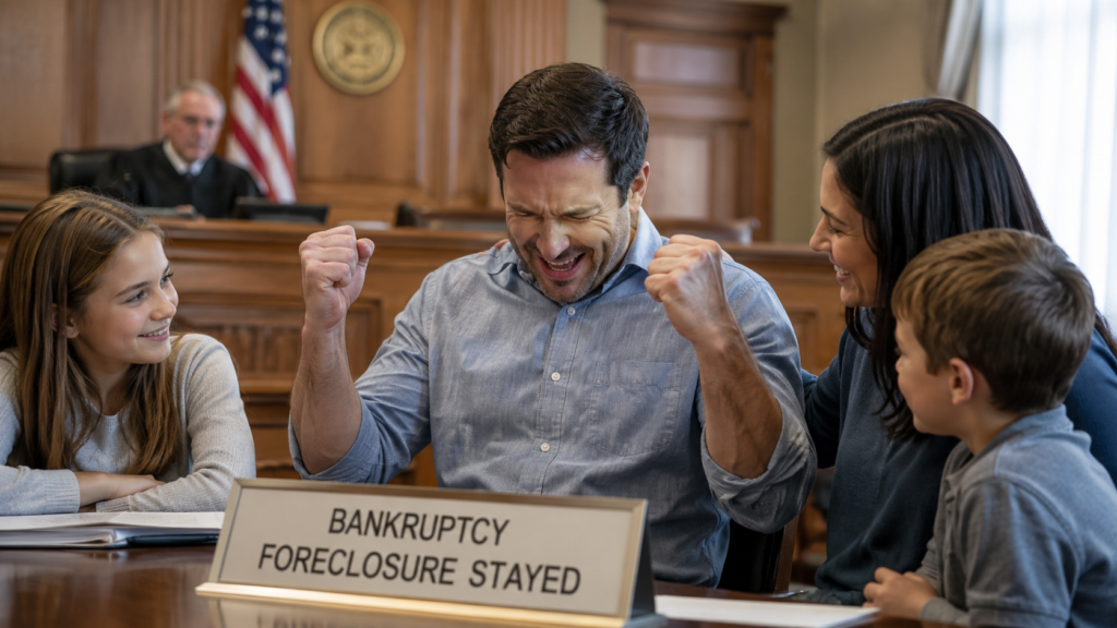 A home owner sitting in court pumping his hands in joy as his home foreclosure is delayed due to bankruptcy as his family watches on.