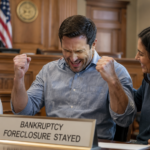 A home owner sitting in court pumping his hands in joy as his home foreclosure is delayed due to bankruptcy as his family watches on.