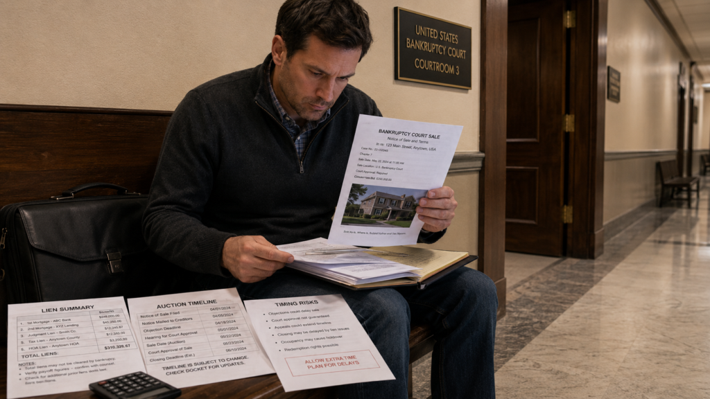 Real estate investor reviewing bankruptcy court sale documents, liens, and timing risks before buying a distressed house at auction.