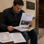 Real estate investor reviewing bankruptcy court sale documents, liens, and timing risks before buying a distressed house at auction.