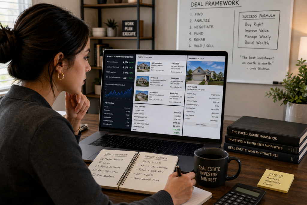 Real estate investor reviewing foreclosure market data, property listings, and deal analysis on a laptop.