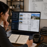 Real estate investor reviewing foreclosure market data, property listings, and deal analysis on a laptop.