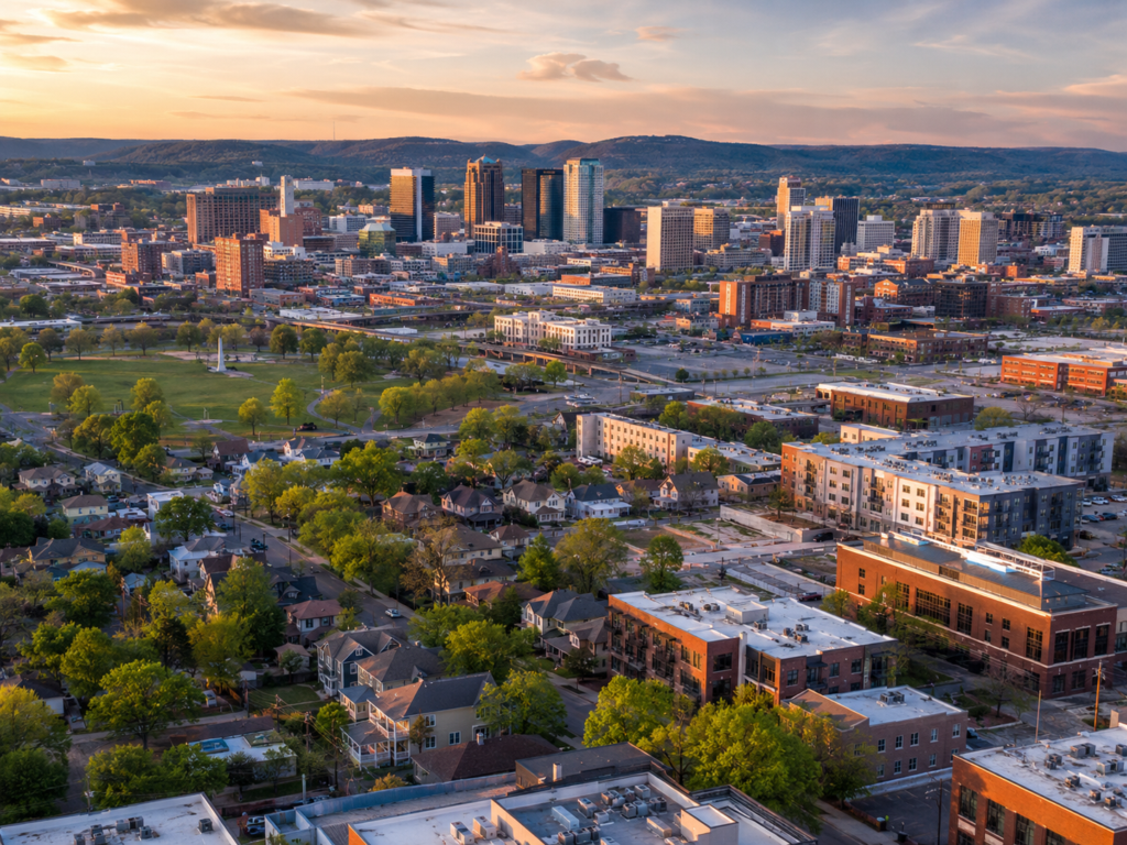 scenic view of Birmingham with office buildings, industrial, single family and multi family homes for BRRRR investors