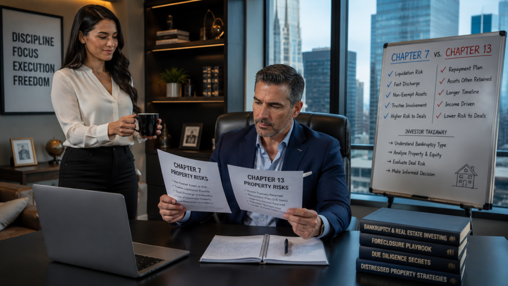 Real estate investor in his luxurious home office comparing Chapter 7 and Chapter 13 bankruptcy property risks before pursuing a foreclosure deal while his female personal assistant brings him coffee.