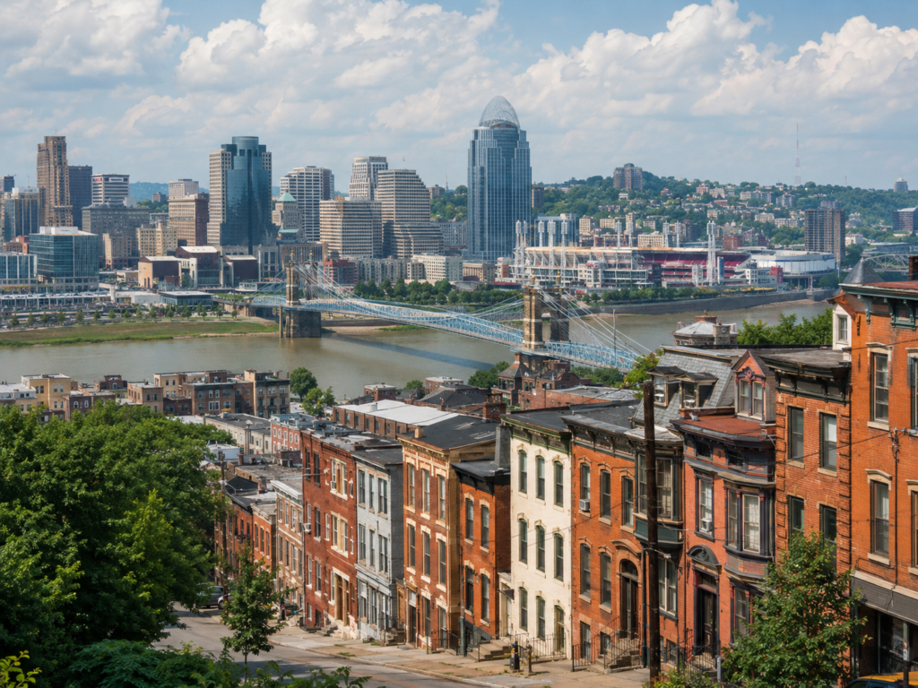 Multistory residential buildings in Cincinnati, Ohio on a sloping street leading to the river illustrating the potential for the BRRRR investing strategy.