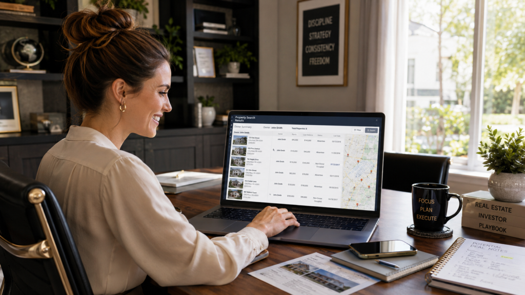 Real estate investor sitting in her luxurious home office with a cup of coffee researching multiple properties owned by the same seller using a laptop, smiling at the results of her findings.