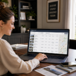 Real estate investor sitting in her luxurious home office with a cup of coffee researching multiple properties owned by the same seller using a laptop, smiling at the results of her findings.