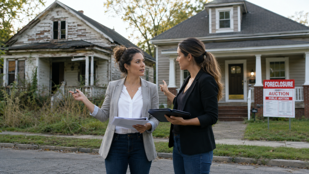 Two female millennial real estate investors standing in front of two home - one is a fixxer upper and one is a foreclosure. They are debating the pros and cons of investing in each.