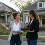 Two female millennial real estate investors standing in front of two home - one is a fixxer upper and one is a foreclosure. They are debating the pros and cons of investing in each.