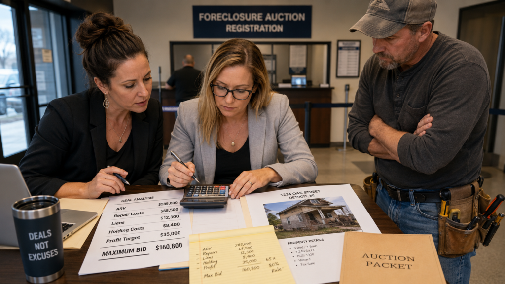 Two female real estate investors calculating a foreclosure auction maximum bid using ARV, repair costs, liens, and profit targets while their handyman watches on.