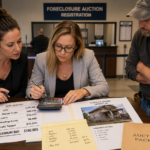 Two female real estate investors calculating a foreclosure auction maximum bid using ARV, repair costs, liens, and profit targets while their handyman watches on.