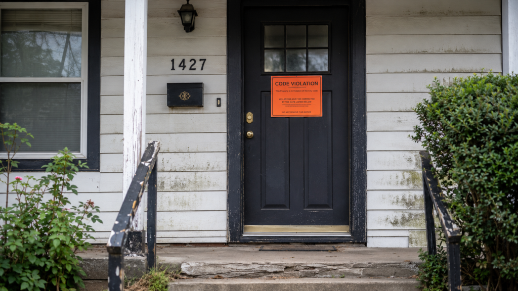 The front door of a single family home with a code violation notice on the door.