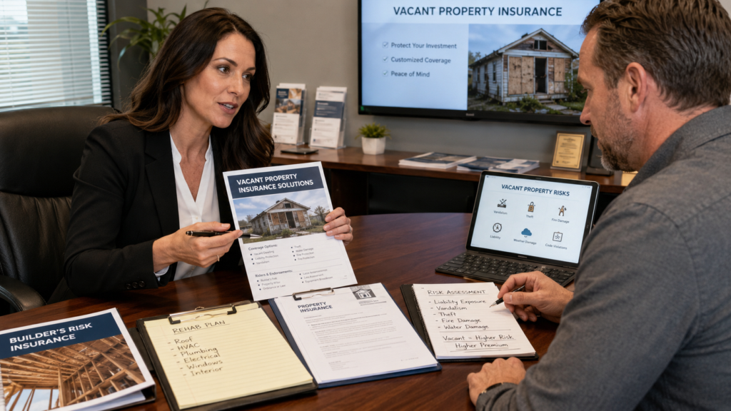 Real estate investor meeting his insurance broker in her office and reviewing insurance risks for a vacant foreclosure property before starting rehab. She is recommending various options and riders to her investor client.