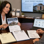 Real estate investor meeting his insurance broker in her office and reviewing insurance risks for a vacant foreclosure property before starting rehab. She is recommending various options and riders to her investor client.